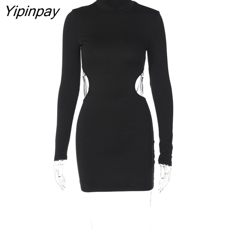 Yipinpay Women Long Sleeve Bodycon Hollow Out Mini Dress Solid Sexy Backless Slim High Neck Dress 2023 Autumn Party Club Christmas Dress