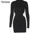 Yipinpay Women Long Sleeve Bodycon Hollow Out Mini Dress Solid Sexy Backless Slim High Neck Dress 2023 Autumn Party Club Christmas Dress