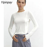 Yipinpay Women Line Decoration Solid T-shirts Casual Fashion O-Neck Long Sleeve Slim Soft Tops 2023 Ladies Elegant Clothing Basic Tees