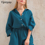 Yipinpay Two Piece Shirt Set Women Loose Blouses Cardigan Tops And Shorts High Waist 2023 Spring Summer Baggy Shirts Outfits Sets
