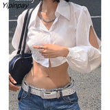 Yipinpay 2023 Autumn Long Sleeve White Shirt Women Sexy Hollow Out Button Up Ladies Crop Tops Korean Style Female Clothing Blouse
