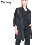 Yipinpay 2023 Autumn Oversize Bat Sleeve Gothic Long Trench Women Minimalist Style Black Zipper Up Coat Fall Outerwear Windbreaker