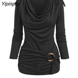 Yipinpay Neck Cinched O Ring Tee Long Sleeve Loose Tops Women's Spring Autumn Style Blouses Shirt