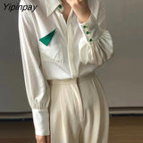 Yipinpay 2023 Autumn Fashion Long Sleeve Chiffon White Shirt Women Office Lady Button Up Pocket Blouse Work Female Clothing Tops