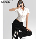 Yipinpay 2023 Summer Streetwear Short Sleeve Slim Women's White Shirt Korea Style Button Woman Crop Top Blouse Y2K Sexy Clothing
