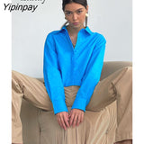 Yipinpay 2023 Spring Minimalist Long Sleeve Women Blue Shirt Korea Style Button Up Solid Woman Crop Tops Blouse Female Clothing