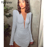 Yipinpay Sequin Pleats Shoulder Pads Women Dress Sexy Long Sleeve Low Cut Mini Dresses Ladies Autumn Evening Party Club Robe