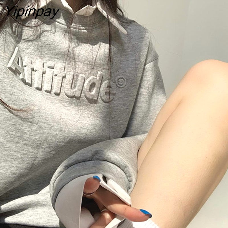 Yipinpay 2023 Autumn Korean Style Letter 3D Decoration Sweatshirt Women Minimalist O Neck Long Sleeve Crop Tops Hoodies Clothing