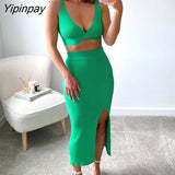 Yipinpay Women Knit Vest And Skirt Suits Female High Waist Side Split Skinny Skirts Set 2023 Summer Solid Sexy Backless Camis Outfits