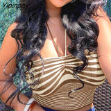 Yipinpay Women Knitted Striped Halter Camis Sexy Bodycon Short Tank Summer Sleeveless Drawstring Ruched Knit Basic Vest Crop Tops