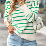 Yipinpay Striped Loose Knitted Sweater Tops Pullover Women Jumpers Streetwear Autumn Winter Long Sleeve V Neck Knitwear Sweaters