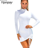 Yipinpay Sexy Ruched Bodycon Mini Dress Women Clothes Fall 2023 Long Sleeve O Neck Lace Up Draped Tight Dresses Woman Party Night