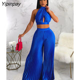 Yipinpay Women Casual Solid Pleated 2 Piece Set Sexy Halter Bra And Wide Leg Pants Suits 2023 Spring Cropped Lace Up Vest Trousers Outfit