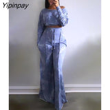 Yipinpay Women Tie Dyed Tracksuit Female Long Sleeve Cropped Blouse Loose Wide Leg Pants Two Piece Set 2023 Chic Street Lace Up Outfit