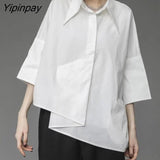 Yipinpay 2023 Summer New Half Sleeve Oversize Gothic Shirt Women Y2K Asymmetrical Black Button Ladies Blouse Street Clothing Tops