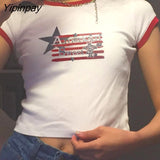 Yipinpay Women Stars Graphic Crop Top print Y2K clothes T-shirt Streetwear Aesthetic Gothic Harajuku Tee Slim t shirt Vintage Emo