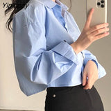 Yipinpay 2023 Spring New Casual Long Sleeve Women White Shirt Korea Style Solid Button Split Woman Crop Tops Blouse Party Clothing