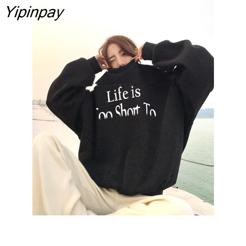 Yipinpay 2023 Winter Korean Style Oversieze Letter Print Thick Sweatshirt Women Minimalist Long Sleeve Hoodies Female Top Clothing
