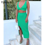 Yipinpay Women Knit Vest And Skirt Suits Female High Waist Side Split Skinny Skirts Set 2023 Summer Solid Sexy Backless Camis Outfits