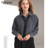 Yipinpay 2023 Spring New In Office Lady Long Sleeve Shirt Women Korean Style Button Up Tie Loose Work Blouse Tunic Female CLothing