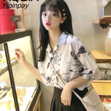 Yipinpay Summer Chinese Style Short Sleeve Women Blouse Shirt Ink painting Printing Ladies White Shirt Button Up Female Clothing