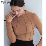 Yipinpay Cotton Splicing Stripe T Shirts Women Fashion Long Sleeve Knitted Basic Blouse 2023 Spring Female Soft Elegant Blouse Top