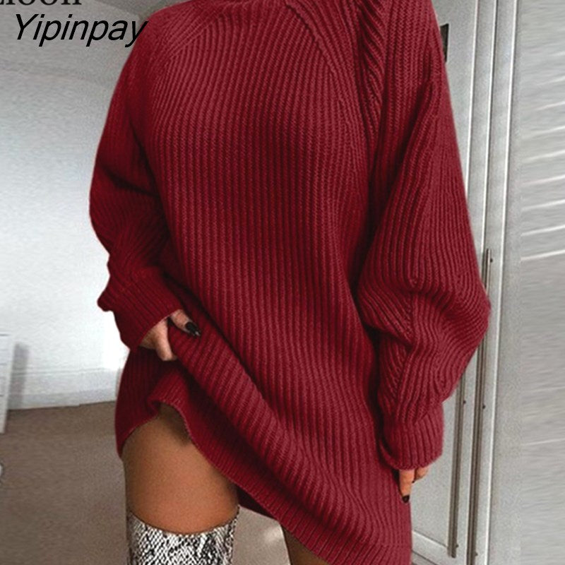 Yipinpay Knit Ribbed Baggy Sweater Mini Dress Women Jumper Long Sleeve Turtleneck Streetwear Female Pullover Loose Sweaters Dresses