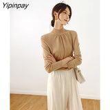 Yipinpay 2023 Winter Korean Style Long Sleeve Slim Sweater Women Office Lady Half High Collar Ruched Pullover Work Female Tops