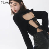 Yipinpay 2023 Winter Korean Style Slim Long Sleeve Mohair Sweater Women Sexy Backless Bandage Ladies Crop Top Fall Female Pullover