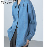 Yipinpay 2023 Spring Minimalist Long Sleeve Women Denim Shirt Korea Style Button Up Solid Woman Tunic Blouse Fashion Female Tops