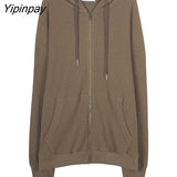 Yipinpay Hooded Sweatshirt Brown Waffle Winter Jacket Top Oversized Hoodie Solid color Retro Woman Clothes Long Sleeve Pullover