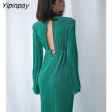 Yipinpay 2023 Spring New Sexy Full Sleeve Women Long Pleated Dress Elegant Solid Color Slim Waist Backless Party Woman Dresses
