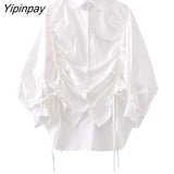 Yipinpay 2023 Spring Office Lady Long Sleeve Lacing Folds White Shirt Blouse Women Elegant Button Up Work Female Shirts Clothes