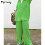 Yipinpay Shirt Suits Pleated Notched Single-Breasted Female Cardigan Two-Piece Loose Shirts and High-Waist Wide-Leg Pants Sets
