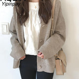 Yipinpay winter Korean style Solid Color Women Knitted Sweaters Cardigans Long Sleeve Button Up Loose Plus Size Female Sweater