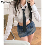Yipinpay 2023 Autumn Japan Style Long Sleeve Tie White Shirt Women JK Button Up Cotton Crop Tops Female Sexy Blouse Clothing