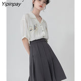 Yipinpay 2023 Summer Vintage Short Sleeve White Shirt Women Embroidery Button Up Ladies Blouse Casual Fashion Female Clothing Tops