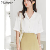 Yipinpay 2023 Summer Short Sleeve Chiffon White Shirt Women Office Lady Button Notched Neck Ladies Blouse Work Female Clothing Top