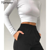 Yipinpay Black White Knit T Shirt Women Ribbed Crop Top Long Sleeve O Neck Basic Tees Short Tshirt Streetwear Sexy Bodycon Tops