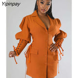Yipinpay Vintage Lace Up Puff Sleeve Female Mini Dress V Neck Single Breasted Bodycon Dresses Sexy Pockets Sexy Suit Fabric Robe