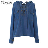 Yipinpay Street Style Long Sleeve Denim Hooded Shirt Women Loose Bandage Pocket Pullover Blouse 2023 Summer Female Clothing Tops