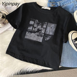 Yipinpay Women Tshirt Crop Top Y2K Summer Cotton Punk Print Korean Fashion Short Sleeve Graphic Aesthetic Harajuku Grunge Gothic Clothes