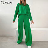 Yipinpay Knitted Two Piece Set Loose Sweater Tops And Pants Straight Leg Long Sleeve Zip Up Autumn Winter High Waist Sweaters Sets