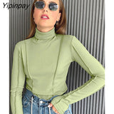 Yipinpay Solid Long Sleeve T Shirts Spring Women Solid Turtleneck Elegant Bright Line Slim Soft Tees 2023 Y2K Ladies Blouse