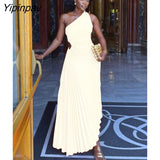 Yipinpay Hollow Out Pleated Dress Women Fashion Sleeveless Diagonal Collar A Line Dresses 2023 Summer Party Prom Evening Vestidos