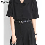 Yipinpay Office Lady Short Sleeve Black Shirt Women Double-Layer Collar Ladies Blouse 2023 Summer Button Up Female Clothing Tops