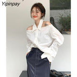 Yipinpay 2023 Autumn Long Sleeve White Shirt Women Korean Style Off The Shoulder Button Ladies Tunic Blouse Female Clothing Tops