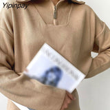 Yipinpay Baggy Sweater Women Pullover Zip Up Tops Female Jumpers Streetwear Long Sleeve Turndown Collar Autumn Winter Loose Sweaters