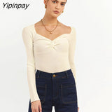 Yipinpay Knit Ribbed T Shirt Women Ruched Corset Top Autumn Long Sleeve V Neck Basic Tees Sexy Bodycon Tshirt Knitted Tops