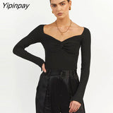 Yipinpay Knit Ribbed T Shirt Women Ruched Corset Top Autumn Long Sleeve V Neck Basic Tees Sexy Bodycon Tshirt Knitted Tops